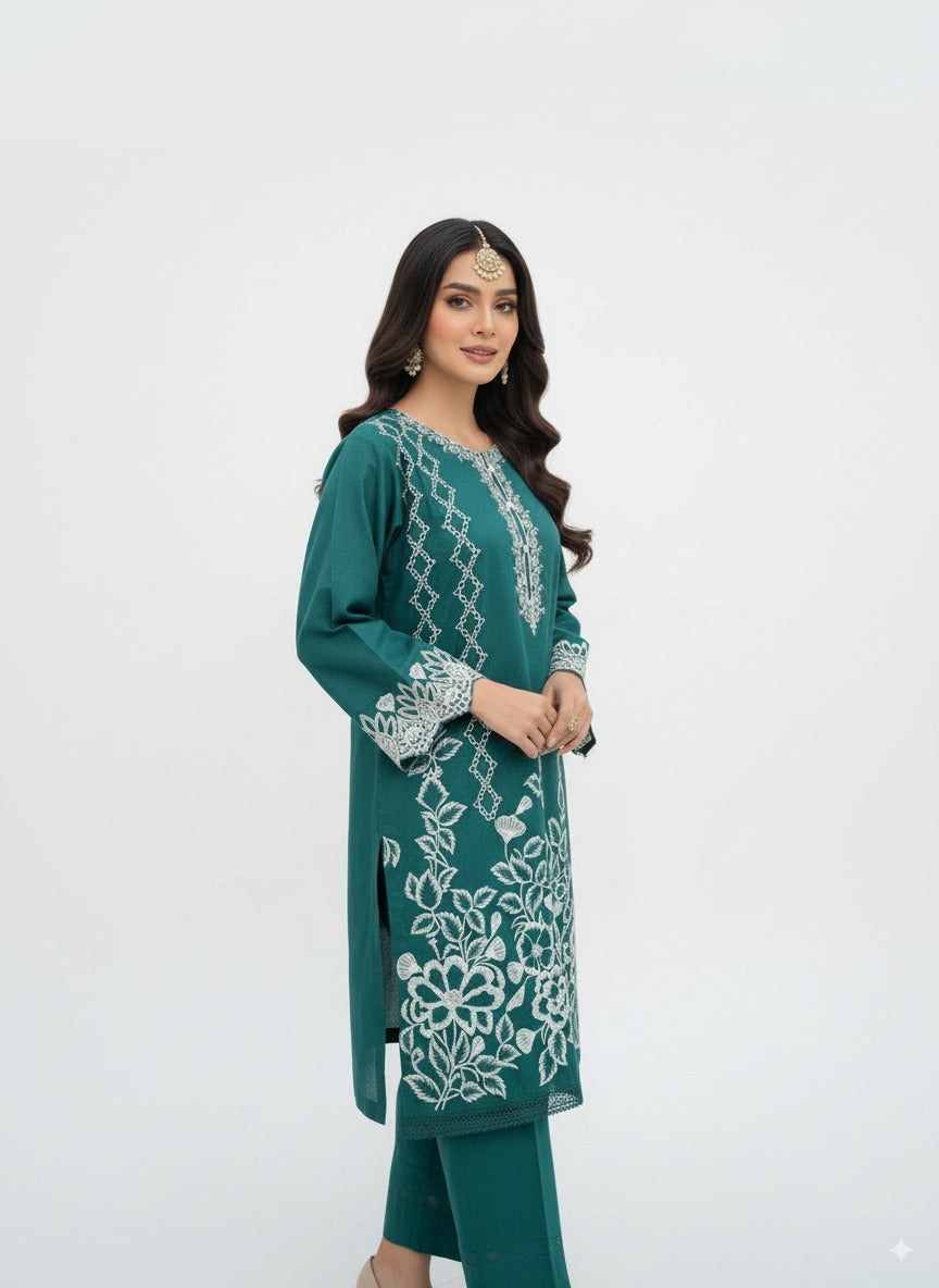 Dark Green Chikankari Cotton Kurta – White Hand Embroidery