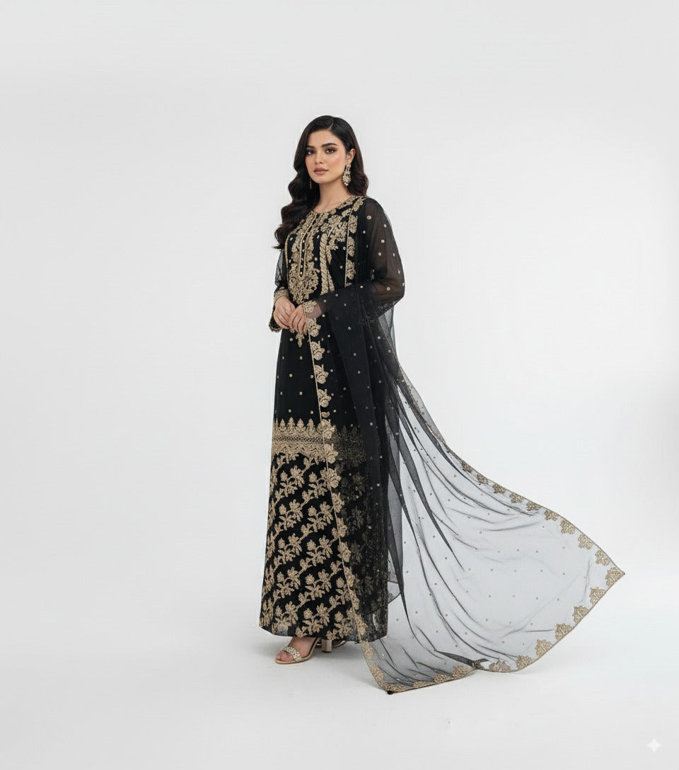 Black Organza Embroidered Suit – SS-108