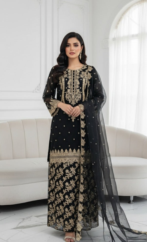 Black Organza Embroidered Suit – SS-108