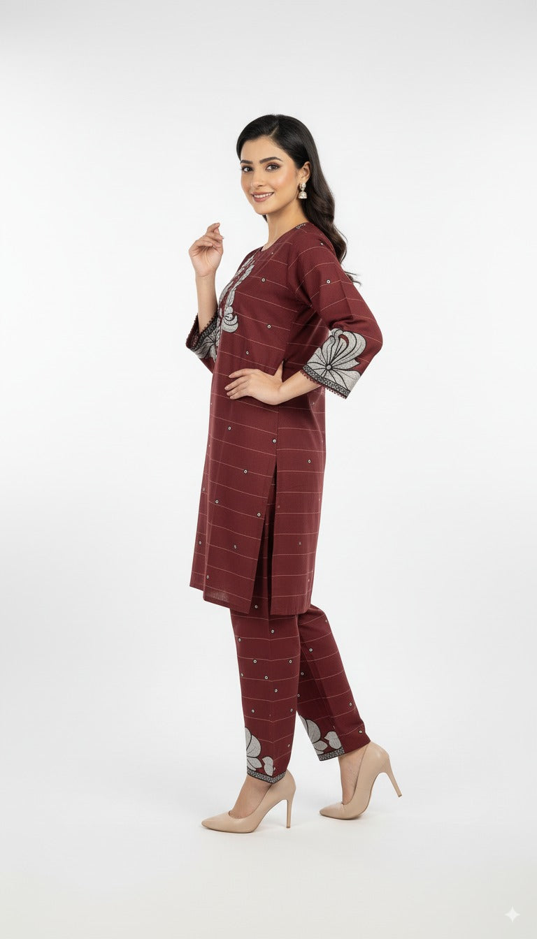 Maroon Cotton Kurta | Embroidered Floral Design with Lace Detailing