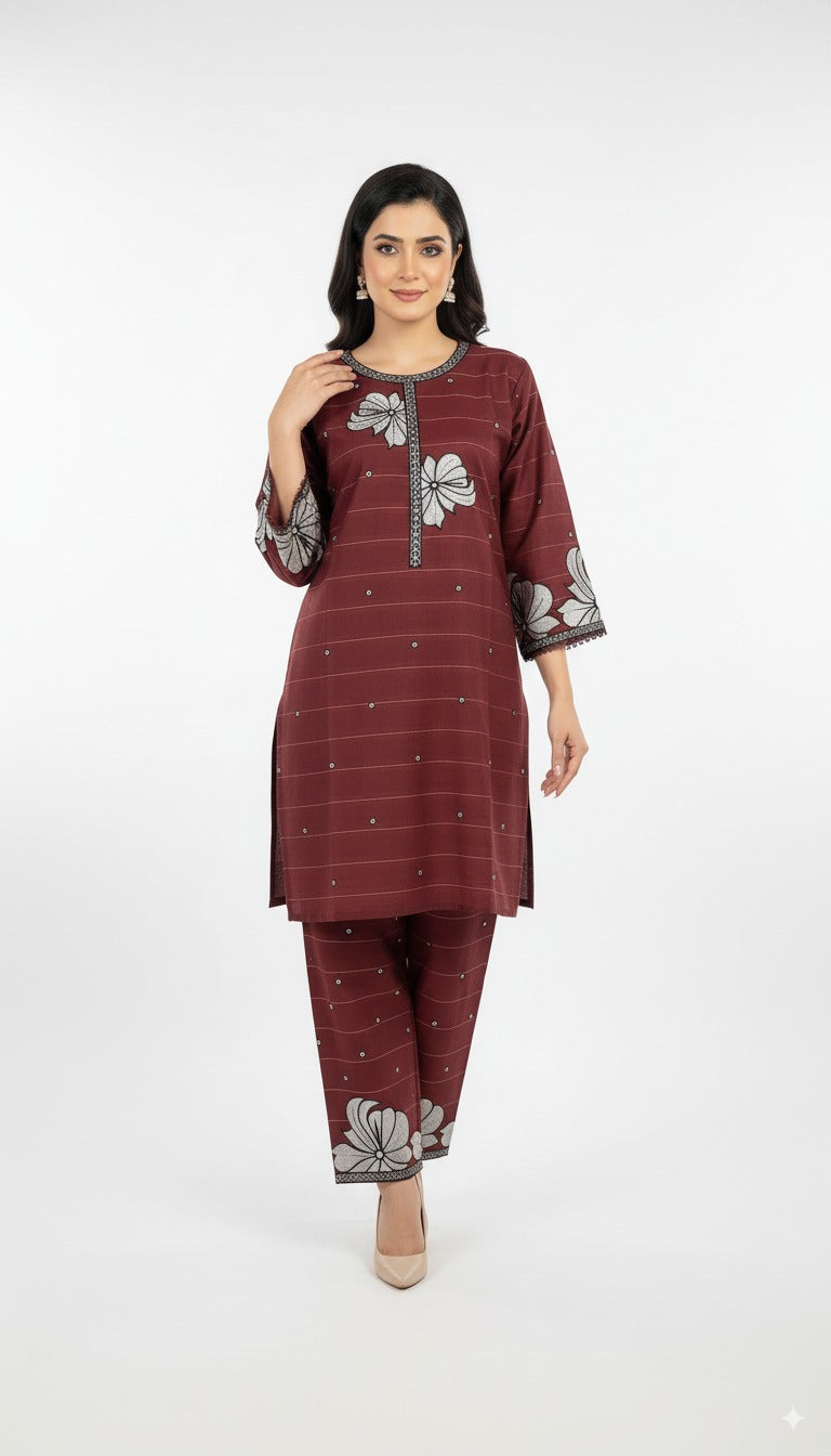 Maroon Cotton Kurta | Embroidered Floral Design with Lace Detailing