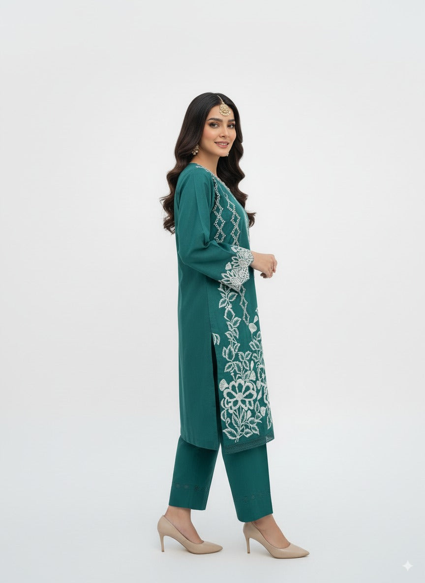 Dark Green Chikankari Cotton Kurta – White Hand Embroidery