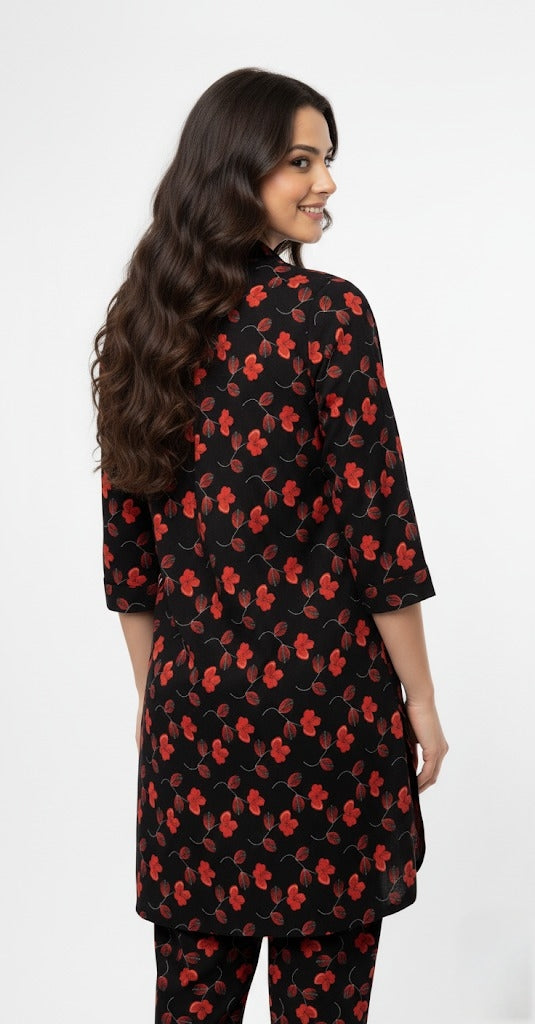 Black Floral Printed 2-Piece (Linen Fabric) β Premium Casual Suit for Women