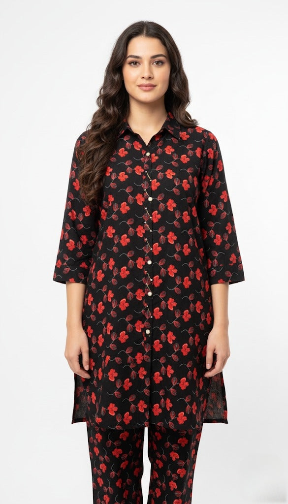 Black Floral Printed 2-Piece (Linen Fabric) β Premium Casual Suit for Women