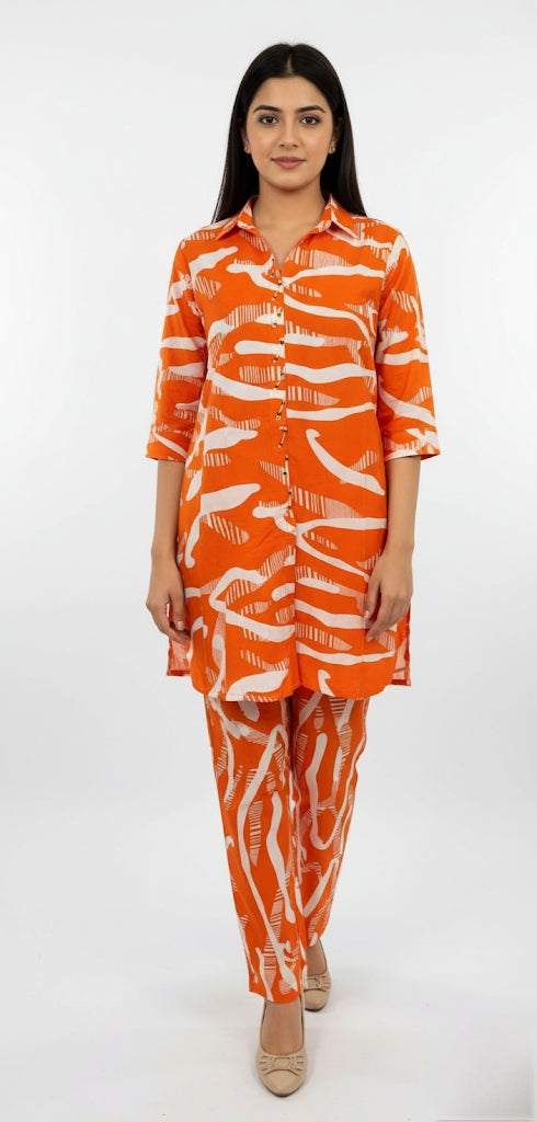 Orange & White Abstract Printed 2-Piece (Linen Fabric) – Stylish Women’s Suit