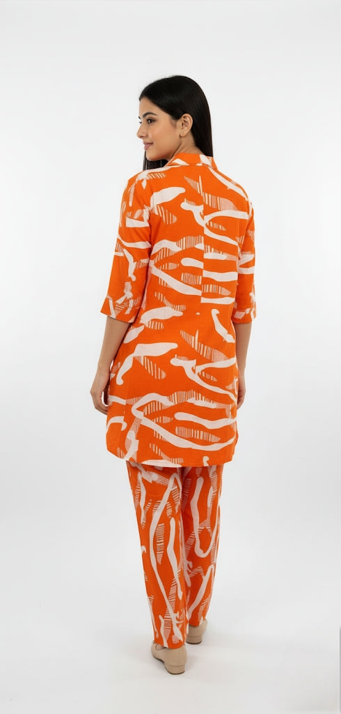 Orange & White Abstract Printed 2-Piece (Linen Fabric) – Stylish Women’s Suit