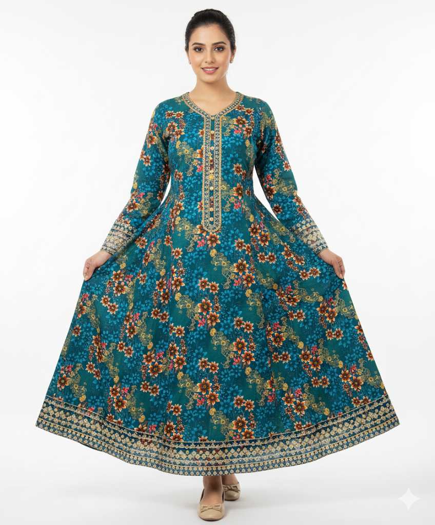 Teal Blue Premium Doria Lawn Suit | Floral Print with Embroidered Detailing – Summer Collection