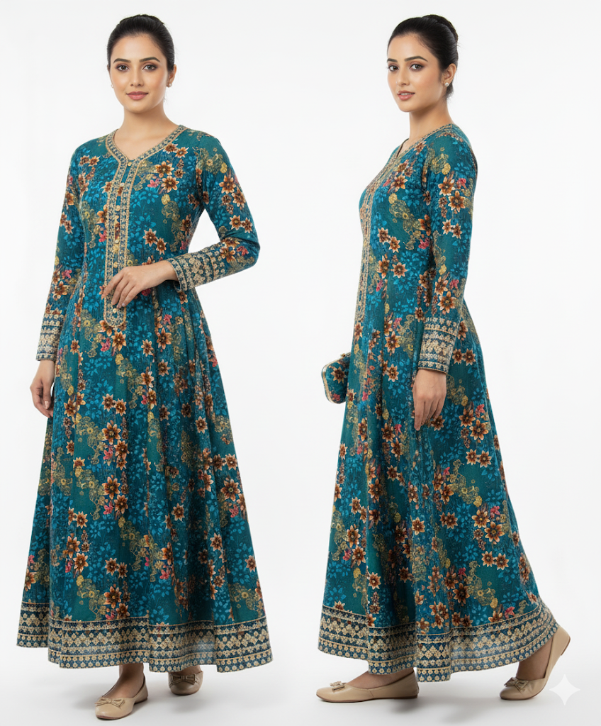 Teal Blue Premium Doria Lawn Suit | Floral Print with Embroidered Detailing – Summer Collection