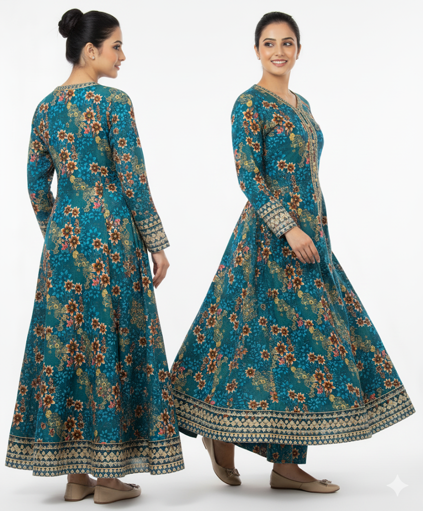 Teal Blue Premium Doria Lawn Suit | Floral Print with Embroidered Detailing – Summer Collection