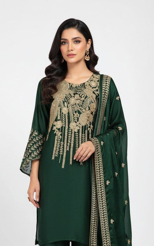 Premium Rashim | Elegant Green | Golden Embroidery -SS105