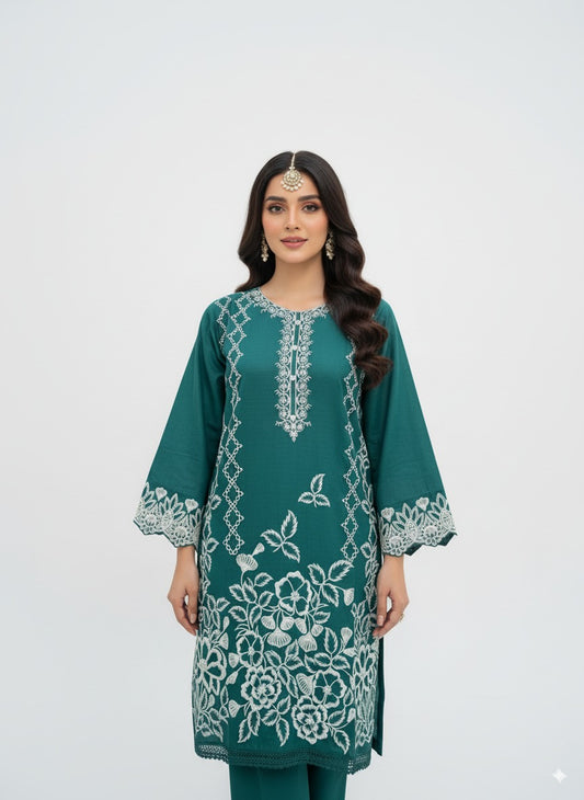 Dark Green Chikankari Cotton Kurta – White Hand Embroidery