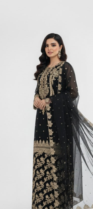 Black Organza Embroidered Suit – SS-108