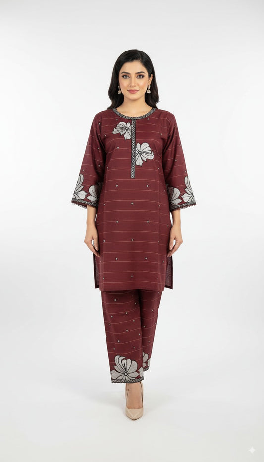 Maroon Cotton Kurta | Embroidered Floral Design with Lace Detailing