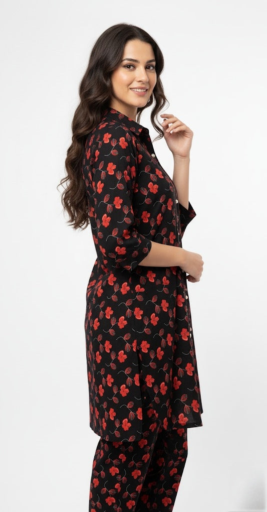 Black Floral Printed 2-Piece (Linen Fabric) – Premium Casual Suit for Women