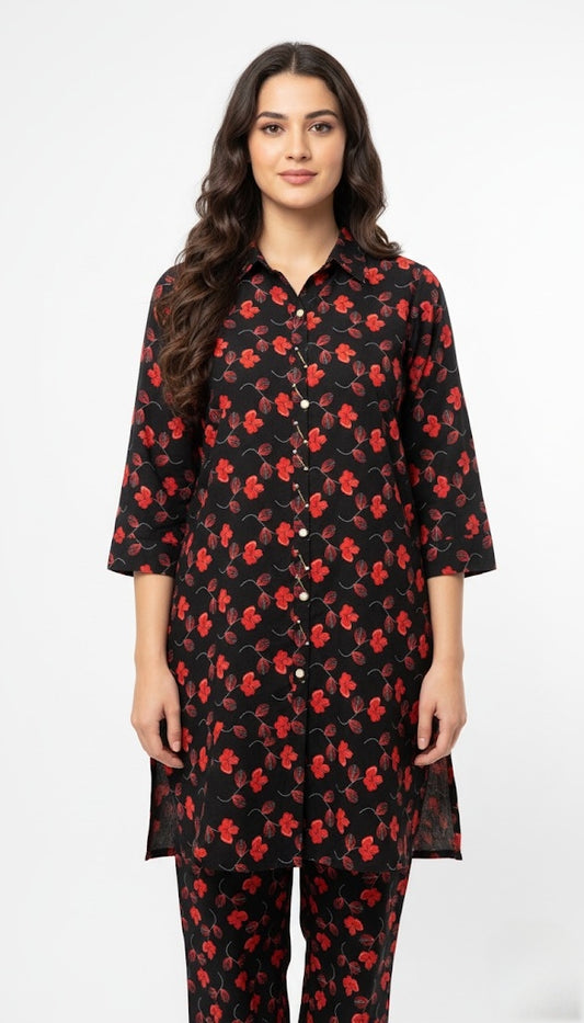 Black Floral Printed 2-Piece (Linen Fabric) – Premium Casual Suit for Women