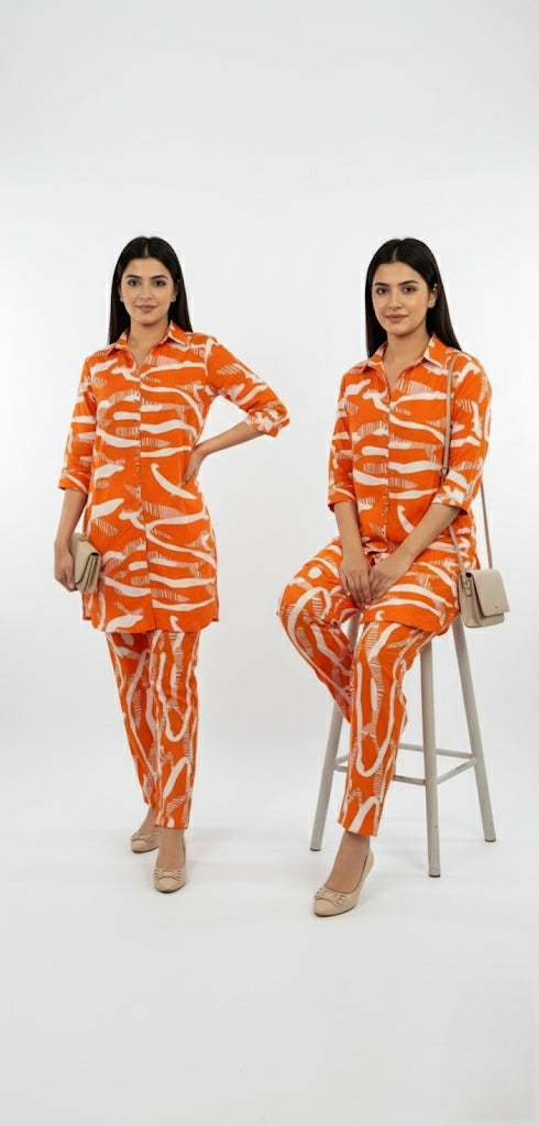 Orange & White Abstract Printed 2-Piece (Linen Fabric) – Stylish Women’s Suit