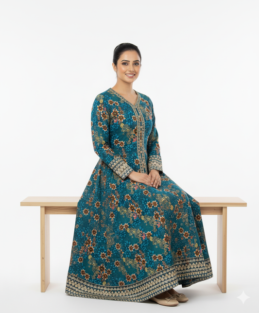 Teal Blue Premium Doria Lawn Suit | Floral Print with Embroidered Detailing – Summer Collection